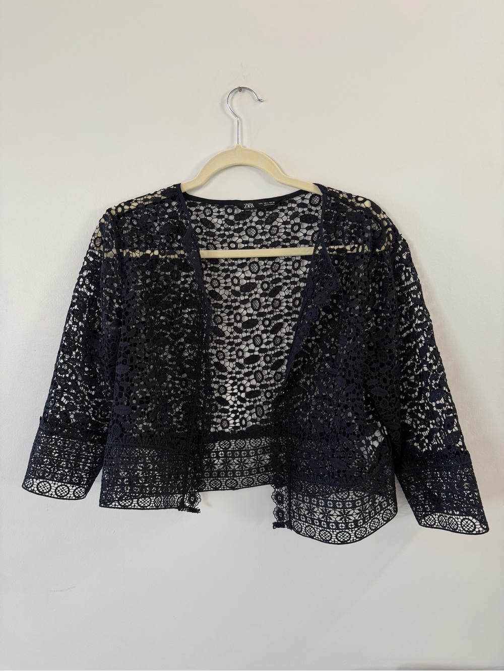 Zara Deep Blue Crochet Lace Open Front Topper L
